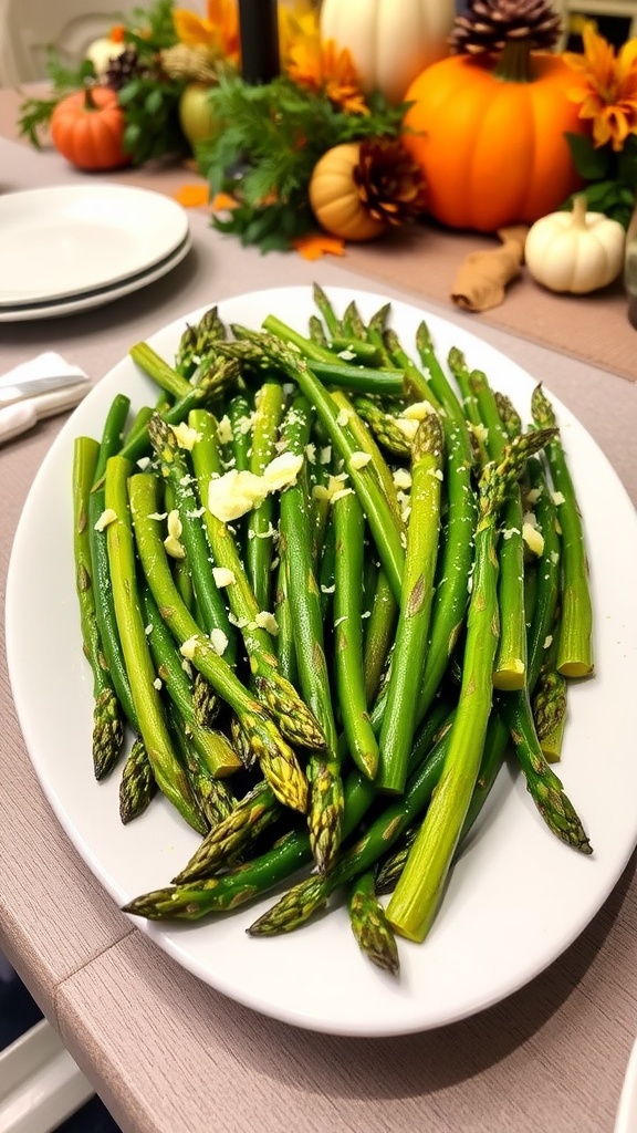 A festive platter of roasted asparagus garnished with lemon zest and Parmesan cheese, set on a Thanksgiving table.
